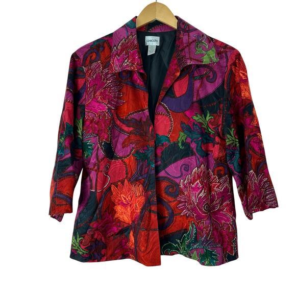 Chico’s Open Jacket Blazer Size 2 (Large) Cotton‎ Silk Tropical Floral Artsy - Picture 1 of 8